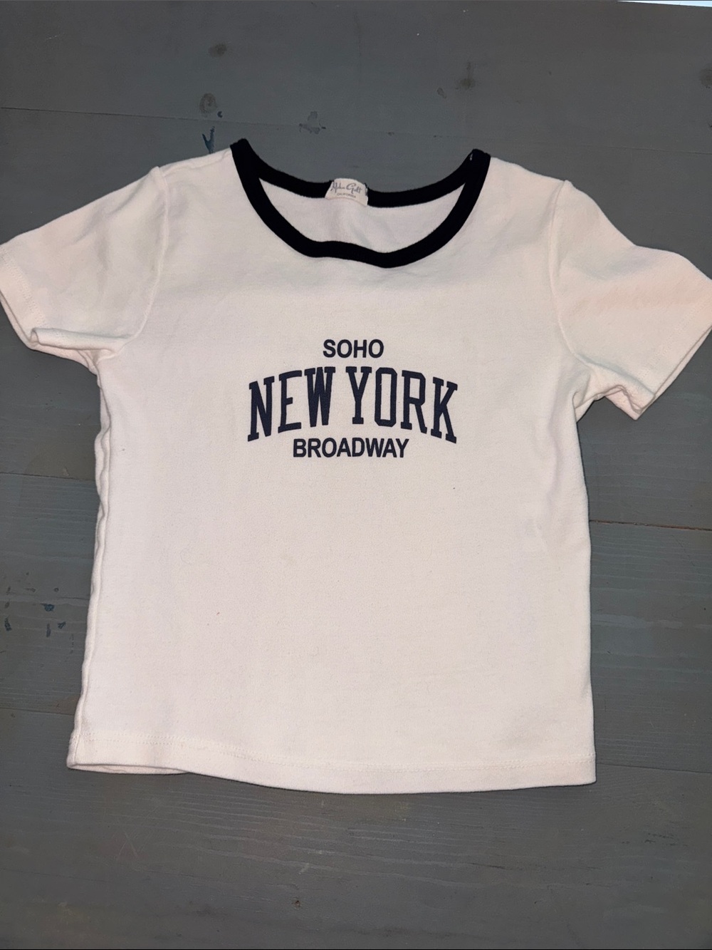 White Tee with Navy Ringer and 'New York' Graphic